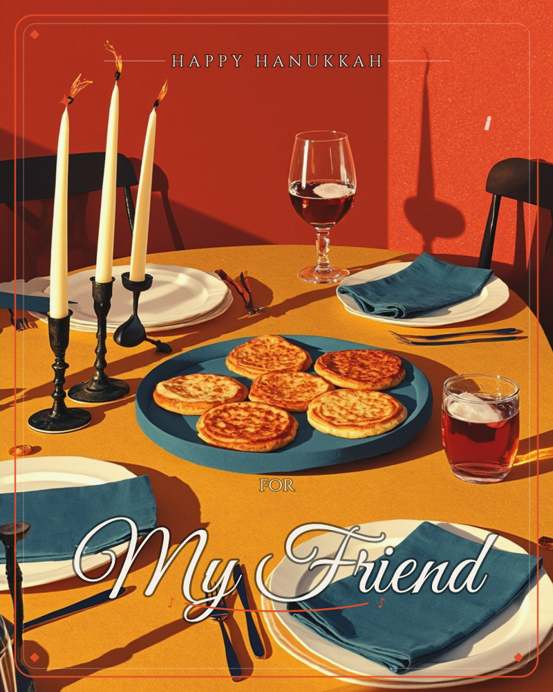 A round table glows under warm orange light, set for a shared meal with white plates, teal napkins and three tall lit candles casting long shadows, a hanukkah e-card design
