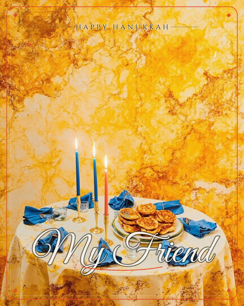 A round table draped in a gold-flecked cloth stands against a swirling amber marbled backdrop, set with lit candles in two blue and one coral, gold…, a hanukkah e-card design