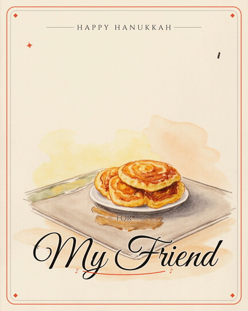 A small white plate holds a stack of golden, swirl-topped pastries with amber caramelized centres, set on a grey tray against a plain cream background, a hanukkah e-card design
