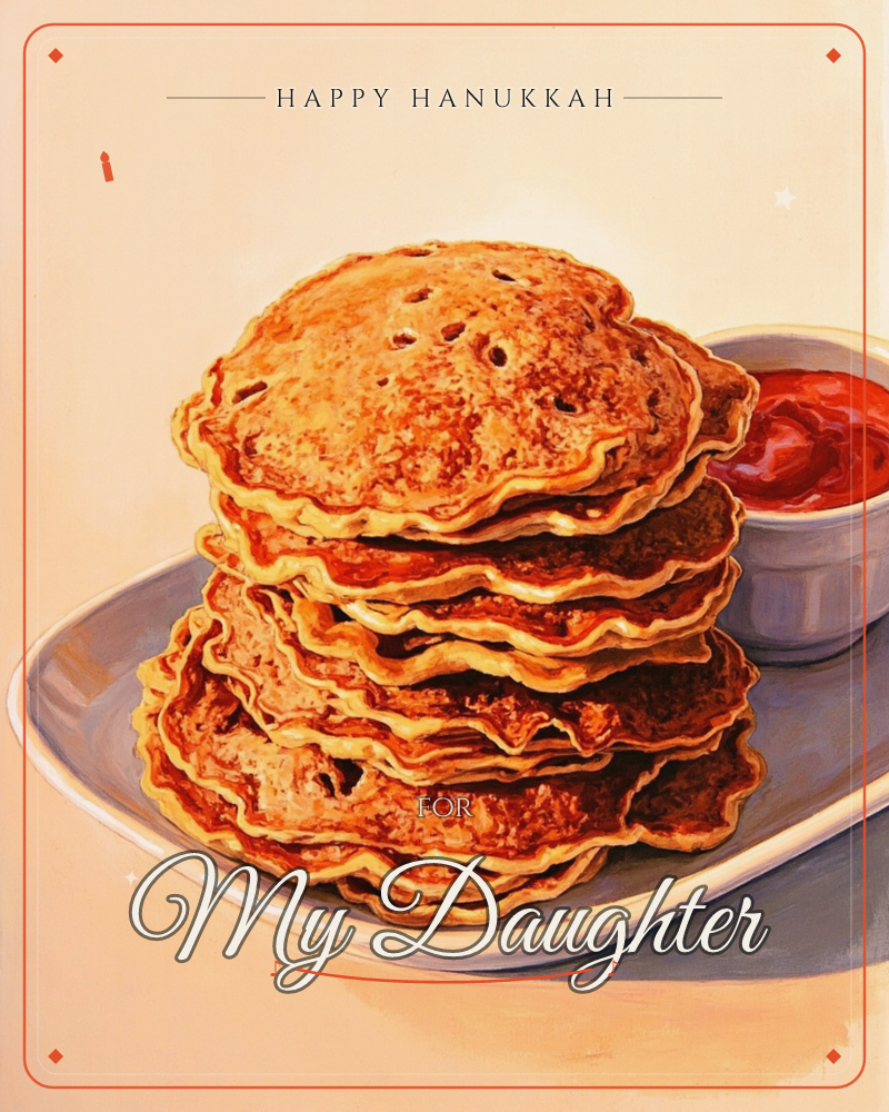 A tall stack of golden, freckled pancakes sits piled on an oval white plate, with a small bowl of glossy red sauce tucked beside it, a hanukkah e-card design