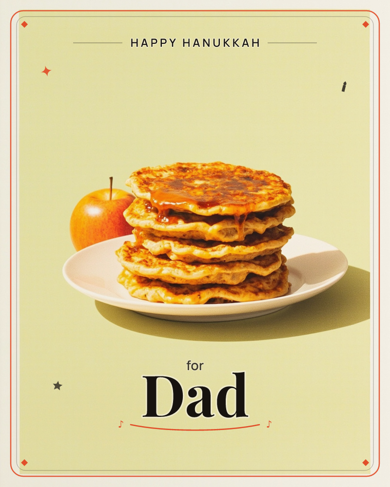 A tall stack of golden pancakes drips with amber syrup on a plain white plate, a single red apple set beside it, all against a flat pale chartreuse…, a hanukkah e-card design
