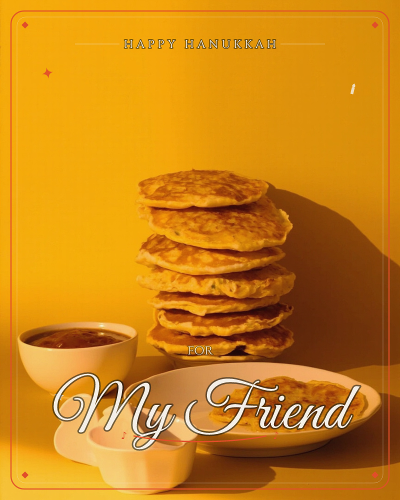 A tall stack of golden pancakes casts a long shadow against a warm mustard-yellow backdrop, with one pancake set apart on a plate beside a bowl of dark…, a hanukkah e-card design