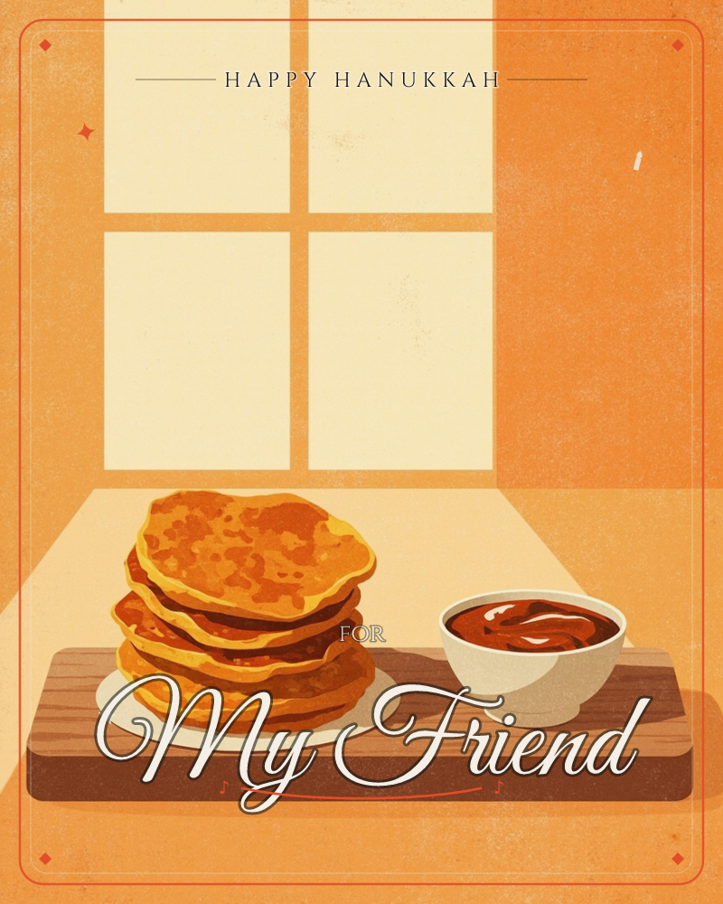 A stack of golden pancakes sits on a white plate beside a small bowl of red sauce, all arranged on a wooden board in front of a sunlit window, a hanukkah e-card design