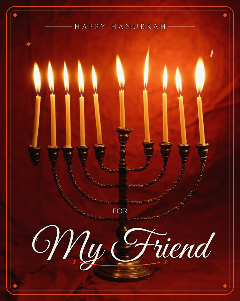 A brass menorah holds nine slender candles, all lit and glowing against a deep red, softly draped background, a hanukkah e-card design
