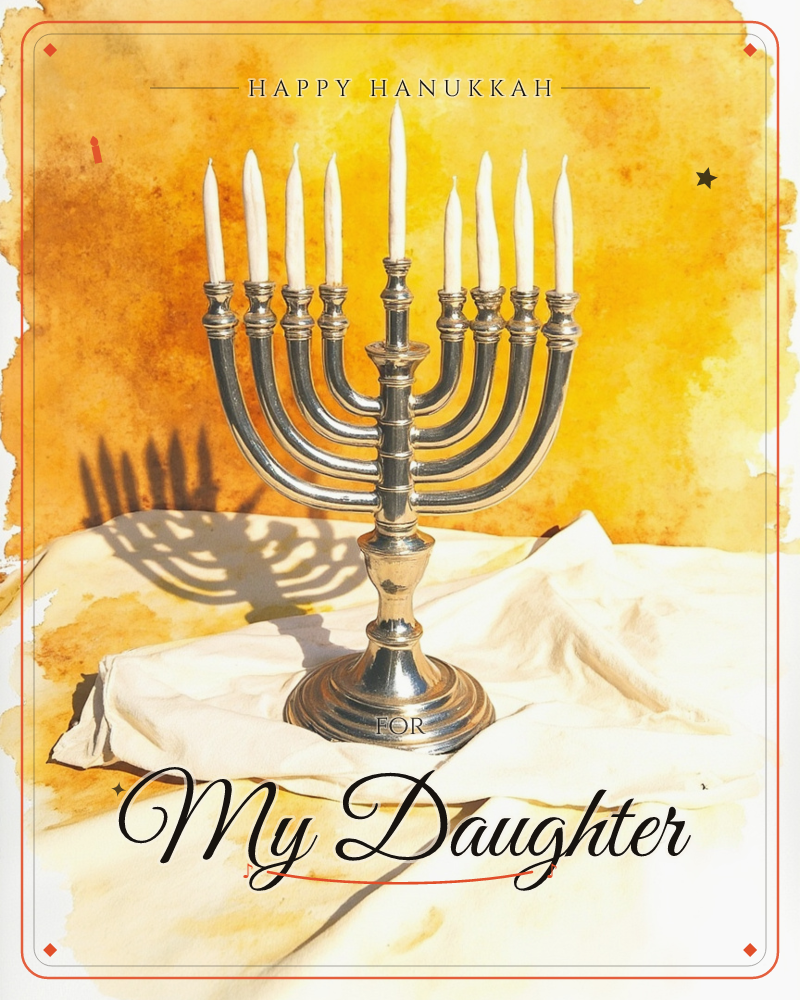 A silver menorah stands on a rumpled cream cloth, its nine unlit white candles catching bright sunlight against a warm amber watercolour wash, a hanukkah e-card design
