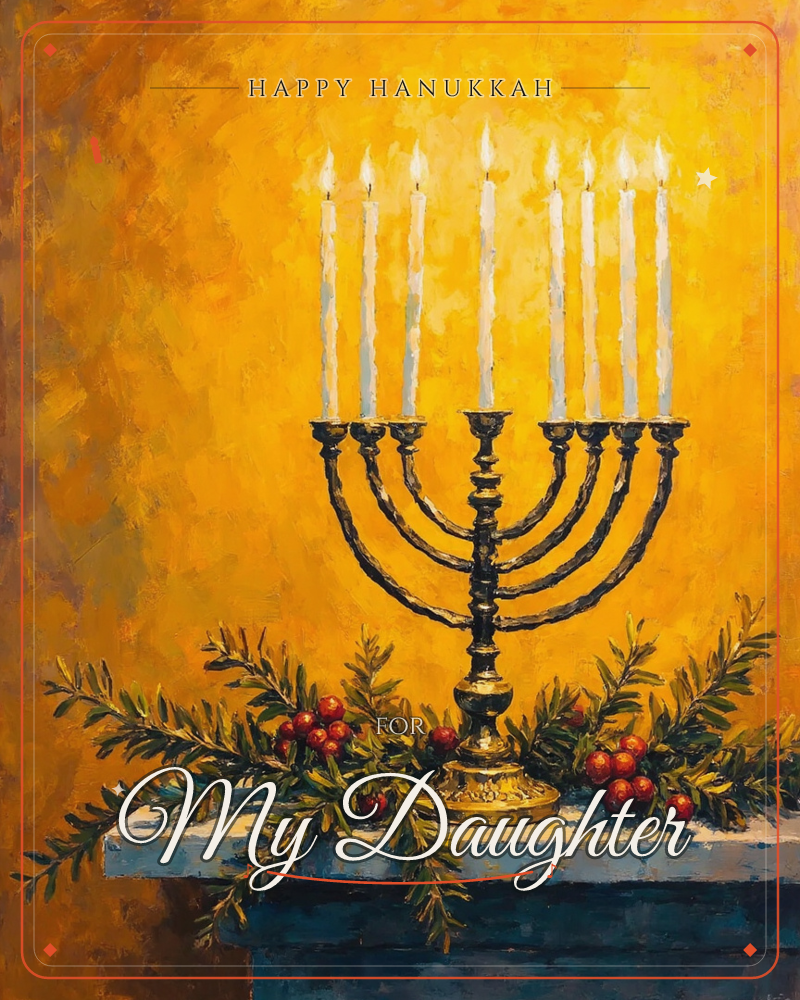 A brass seven-branched menorah stands on a stone ledge, all seven candles lit against a glowing amber-gold background, a hanukkah e-card design