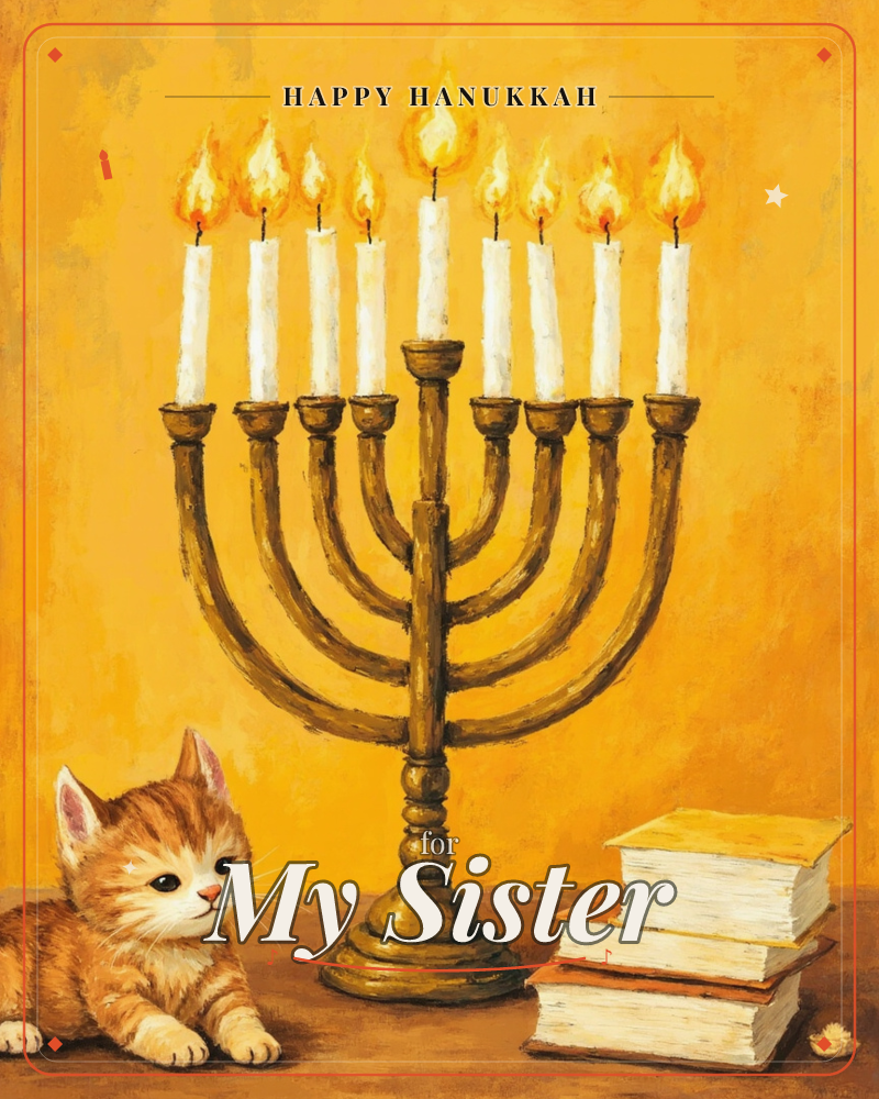 A brass menorah holds nine lit white candles against a warm golden background, their flames glowing steadily above the curved arms, a hanukkah e-card design
