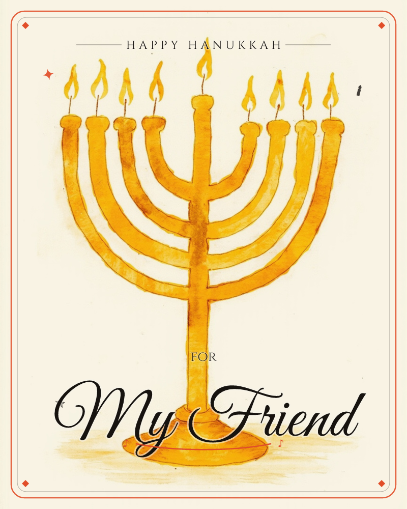 A golden menorah stands centred on a plain cream background, all nine branches lit with softly painted flames in shades of yellow and orange, a hanukkah e-card design