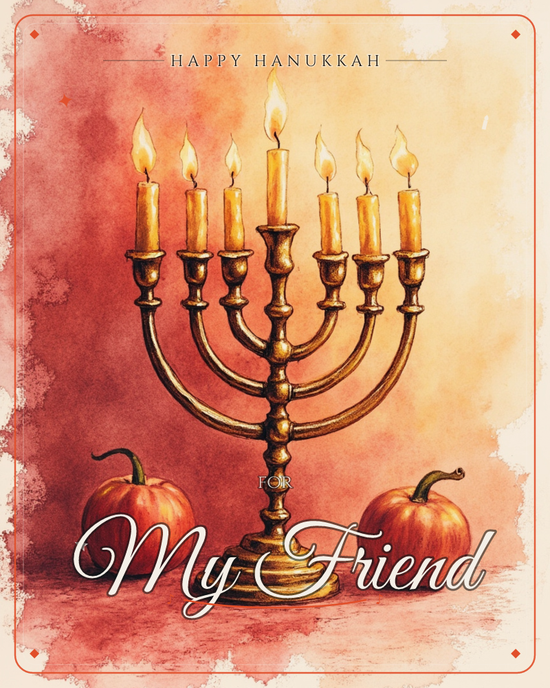 A brass seven-branched menorah stands lit with seven glowing flames, flanked by two round red apples on a warm watercolour wash of crimson and gold, a hanukkah e-card design