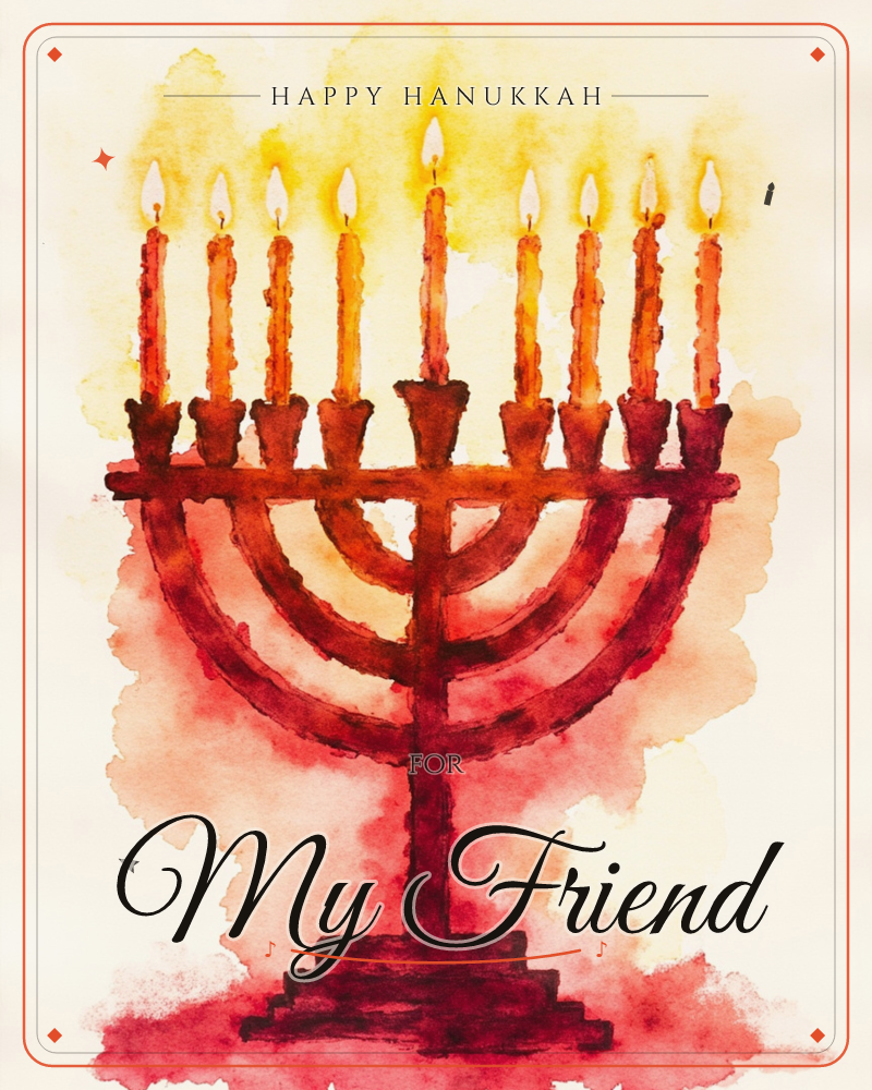 A watercolour menorah stands with all nine candles lit, painted in deep reds and browns against a warm wash of gold and amber bleeding into the cream…, a hanukkah e-card design
