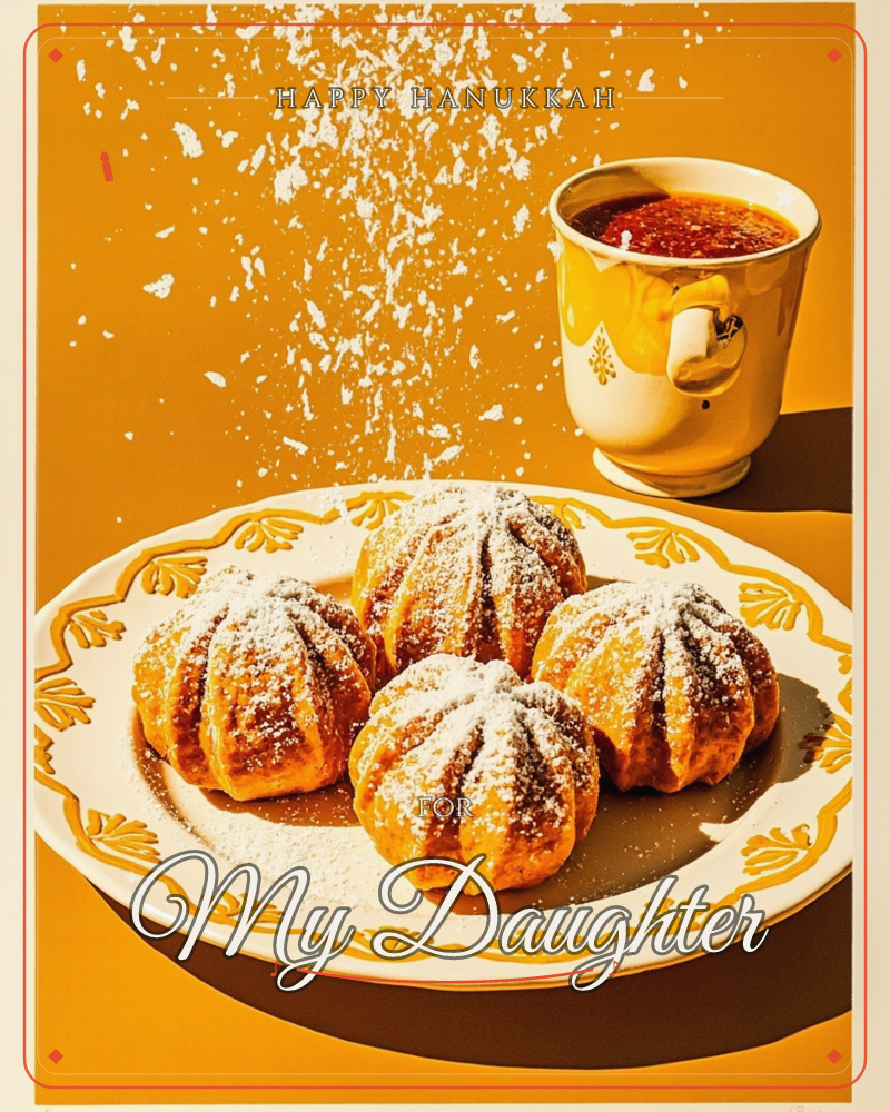Four ridged, pumpkin-shaped pastries sit on a cream plate painted with a mustard leaf border, dusted with powdered sugar that drifts down through the…, a hanukkah e-card design