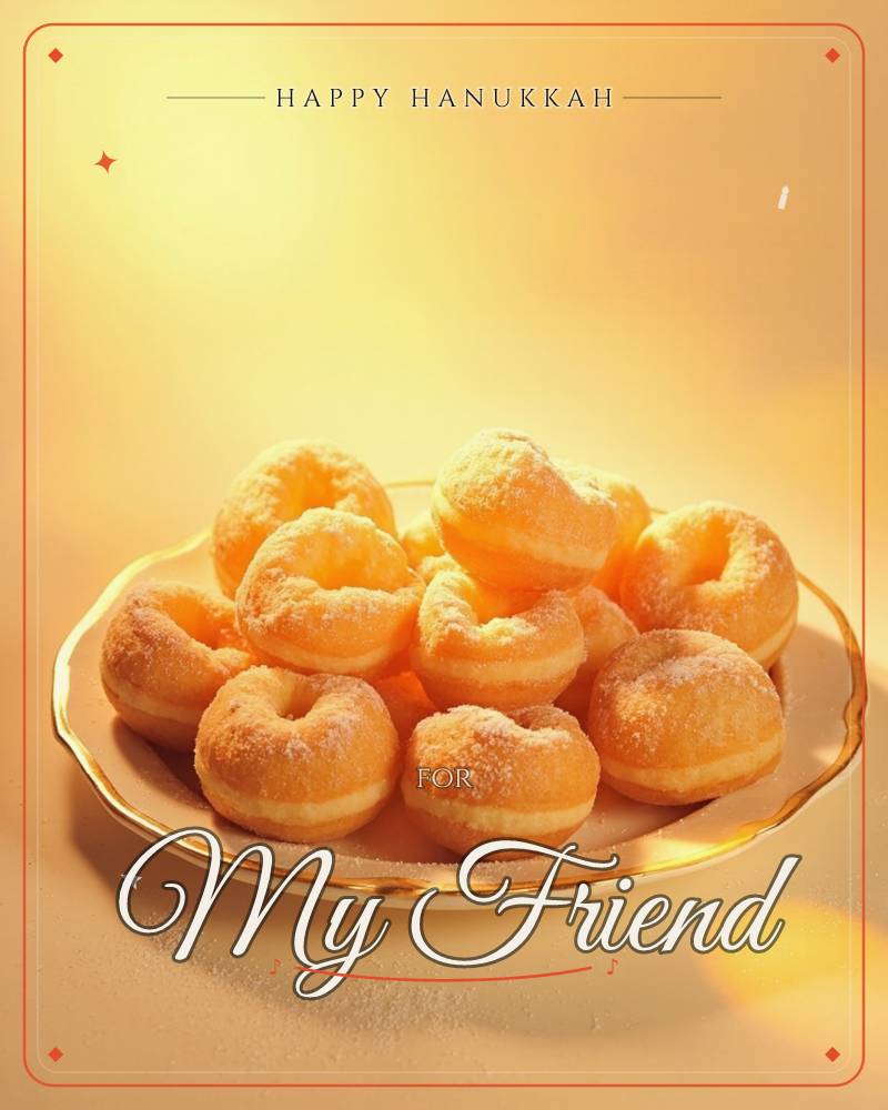 A gilt-edged plate is piled high with small sugar-dusted doughnuts, their golden rings glowing under a warm amber light, a hanukkah e-card design