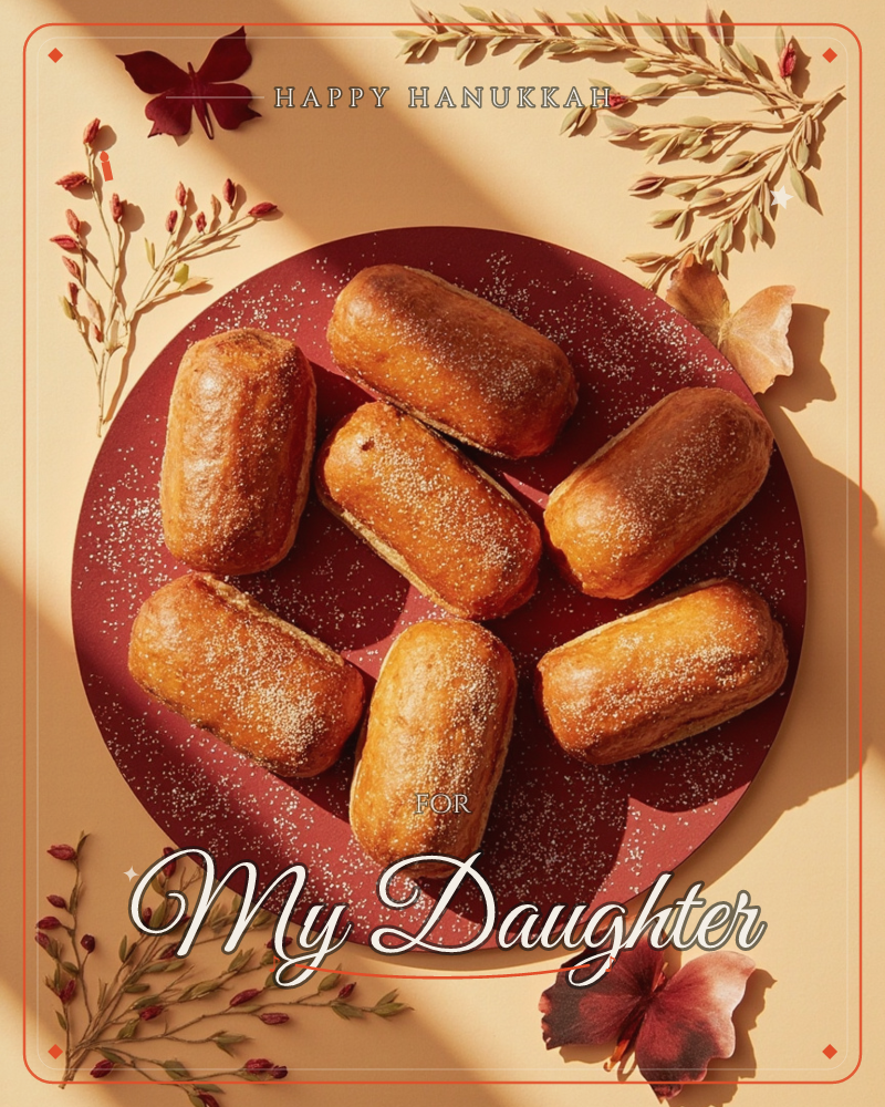 A dark red plate holds seven golden pastries dusted with powdered sugar, arranged in a loose circle and photographed from directly above, a hanukkah e-card design