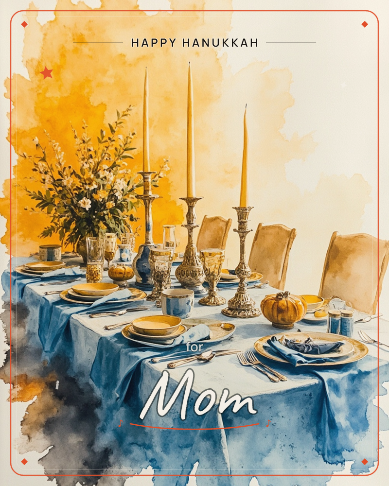 A watercolour dining table is dressed in a deep blue linen cloth with gold-rimmed plates, tall candlesticks, and small decorative pumpkins tucked among…, a hanukkah e-card design