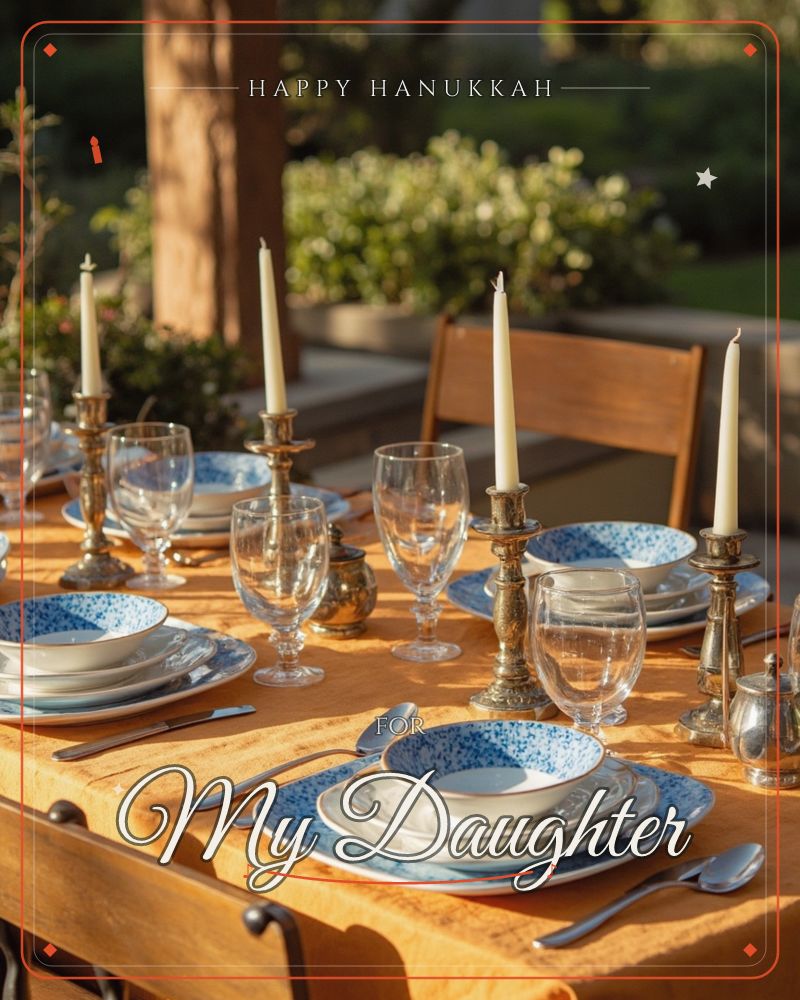 An outdoor table is set for a gathering, with mustard-yellow linen beneath layered white and blue-speckled plates, glass stemware, and tall cream taper…, a hanukkah e-card design