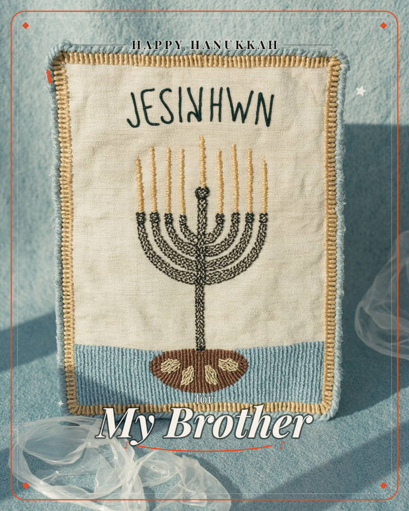 An embroidered fabric card shows a nine-branched menorah stitched in dark thread with golden candle flames rising above it, set on a stitched brown base, a hanukkah e-card design