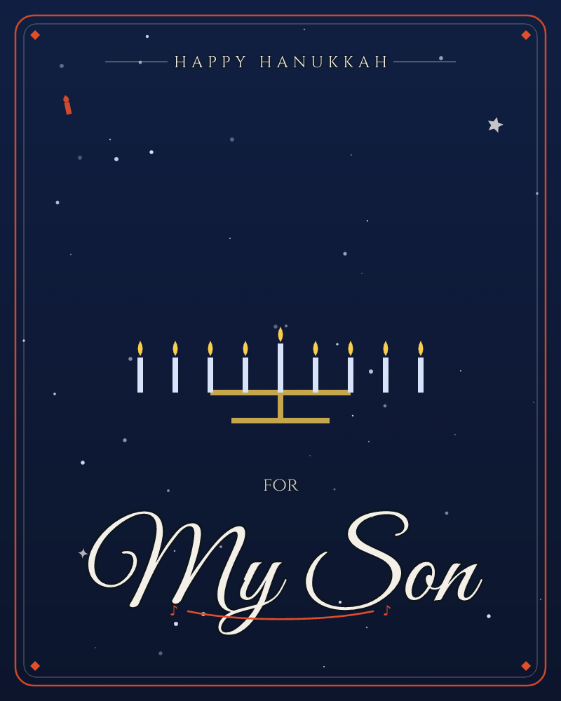 Nine golden flames flicker on a menorah beneath a starlit midnight sky, quiet and sacred, a hanukkah e-card design by @DittyCityTeam