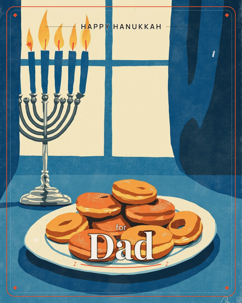 A silver menorah with five lit blue candles stands beside a large window framed in deep navy curtains, its flames glowing against the pale cream glass, a hanukkah e-card design