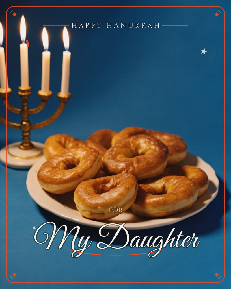 A brass menorah with four lit candles stands beside a white plate piled with glazed sufganiyot-style ring donuts, all set against a deep solid blue…, a hanukkah e-card design