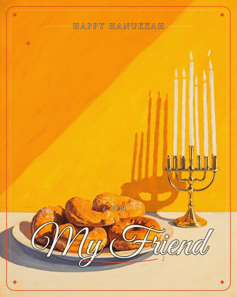 A brass menorah with lit white candles stands beside a plate piled with glazed jelly doughnuts, set against a bold two-tone orange background, a hanukkah e-card design