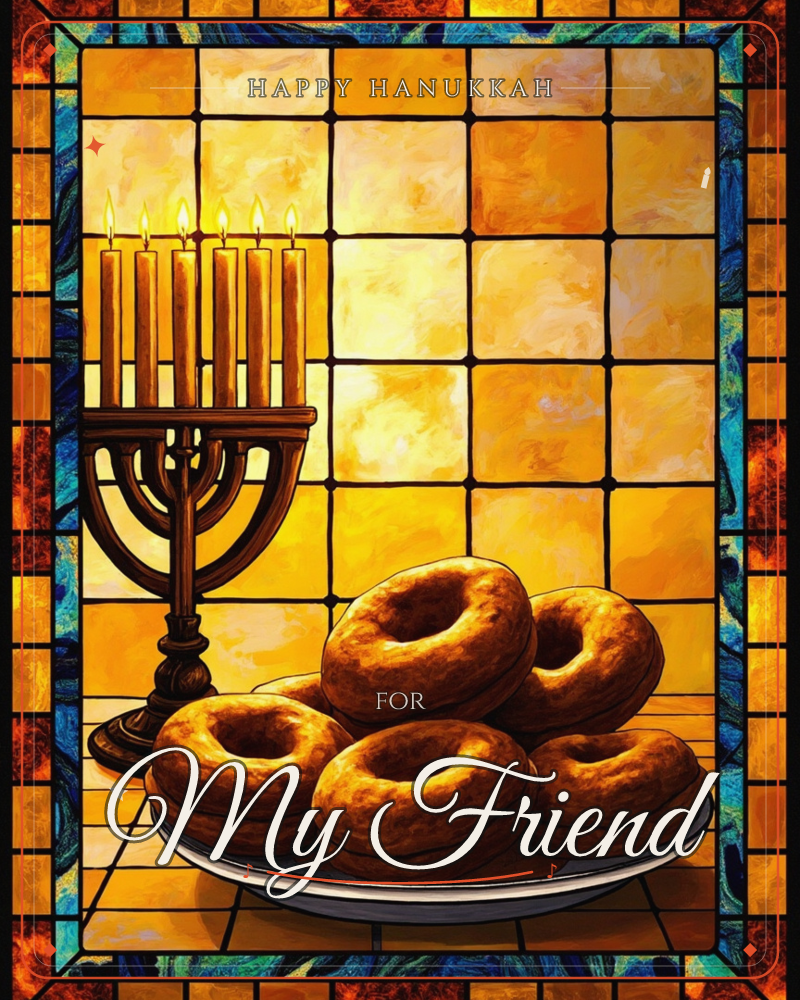 A lit menorah stands beside a plate piled with golden sufganiyot, rendered in a stained-glass style with a mosaic amber and blue border framing the…, a hanukkah e-card design