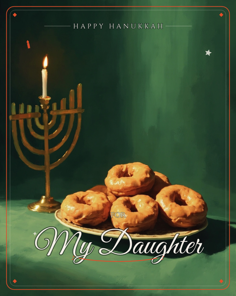 A brass menorah holds a single lit candle beside a plate piled with glazed doughnuts, all set against a deep, moody green backdrop, a hanukkah e-card design