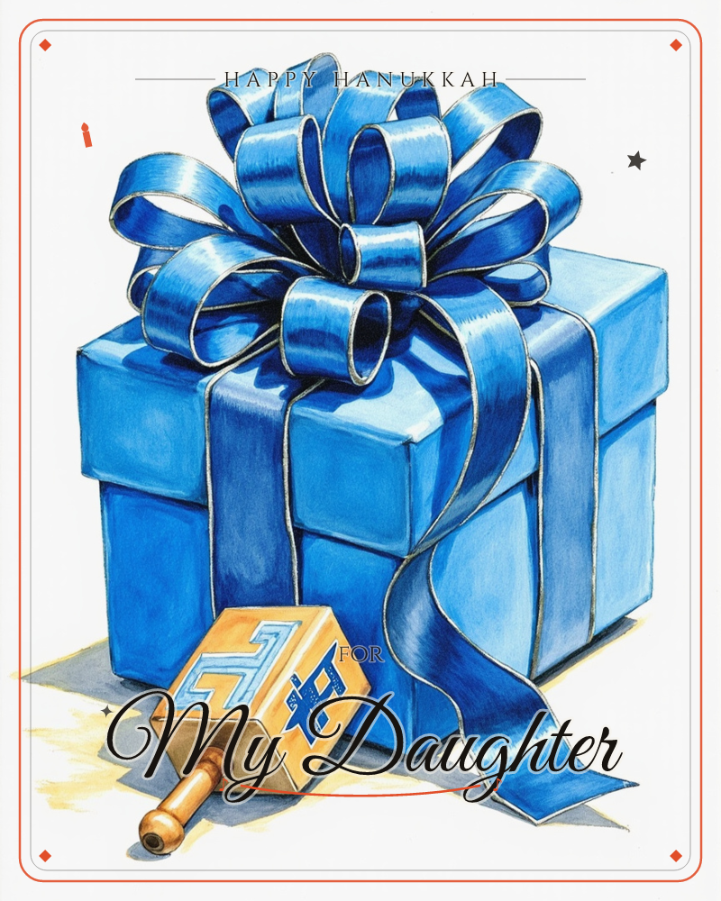A glossy blue gift box sits wrapped in a big curling ribbon bow, its loops catching light in streaks of pale and deep blue, a hanukkah e-card design