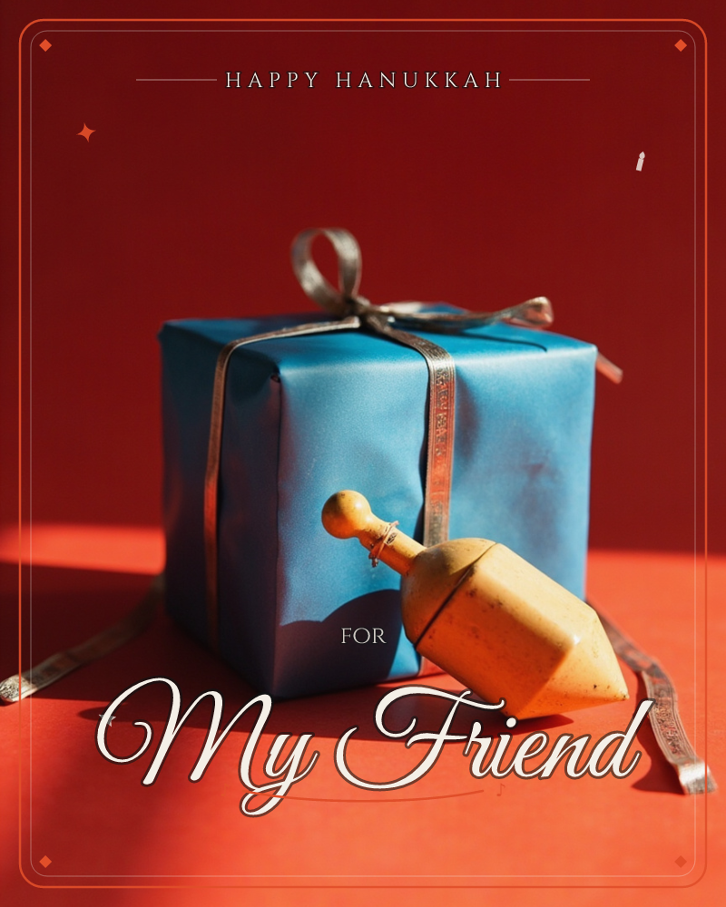 A blue-wrapped gift box tied with a silver ribbon sits against a deep red backdrop, a small wooden dreidel leaning against its base, a hanukkah e-card design