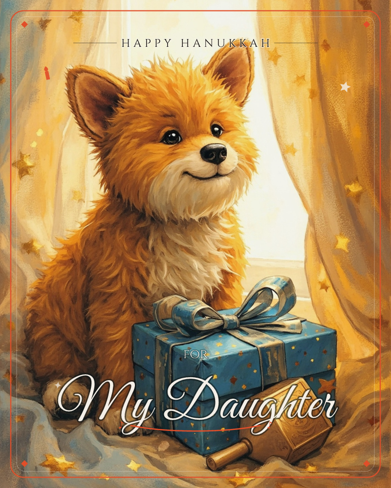 A fluffy golden puppy sits beside a window framed by star-dusted curtains, smiling warmly beside a blue gift box tied with a satin bow and a small…, a hanukkah e-card design