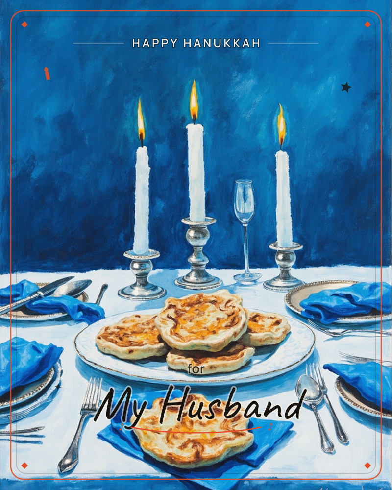 A festively set table glows against a deep blue backdrop, three white candles burning in silver candlesticks behind a plate of golden baked pastries, a hanukkah e-card design