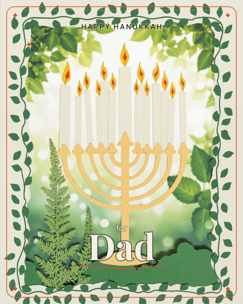 A golden nine-branched menorah stands lit with all its candles glowing orange and yellow, set against a soft blurred backdrop of sunlit green leaves…, a hanukkah e-card design