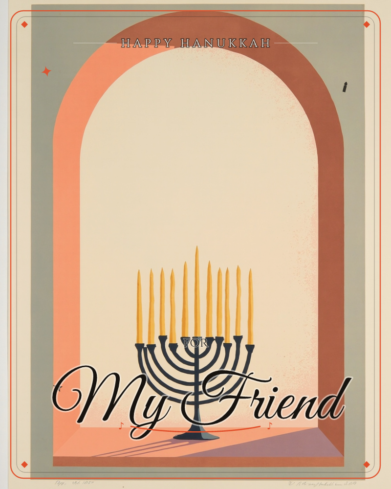A nine-branched menorah with unlit golden candles stands in the deep sill of an arched window, its dark silhouette casting long shadows across a…, a hanukkah e-card design