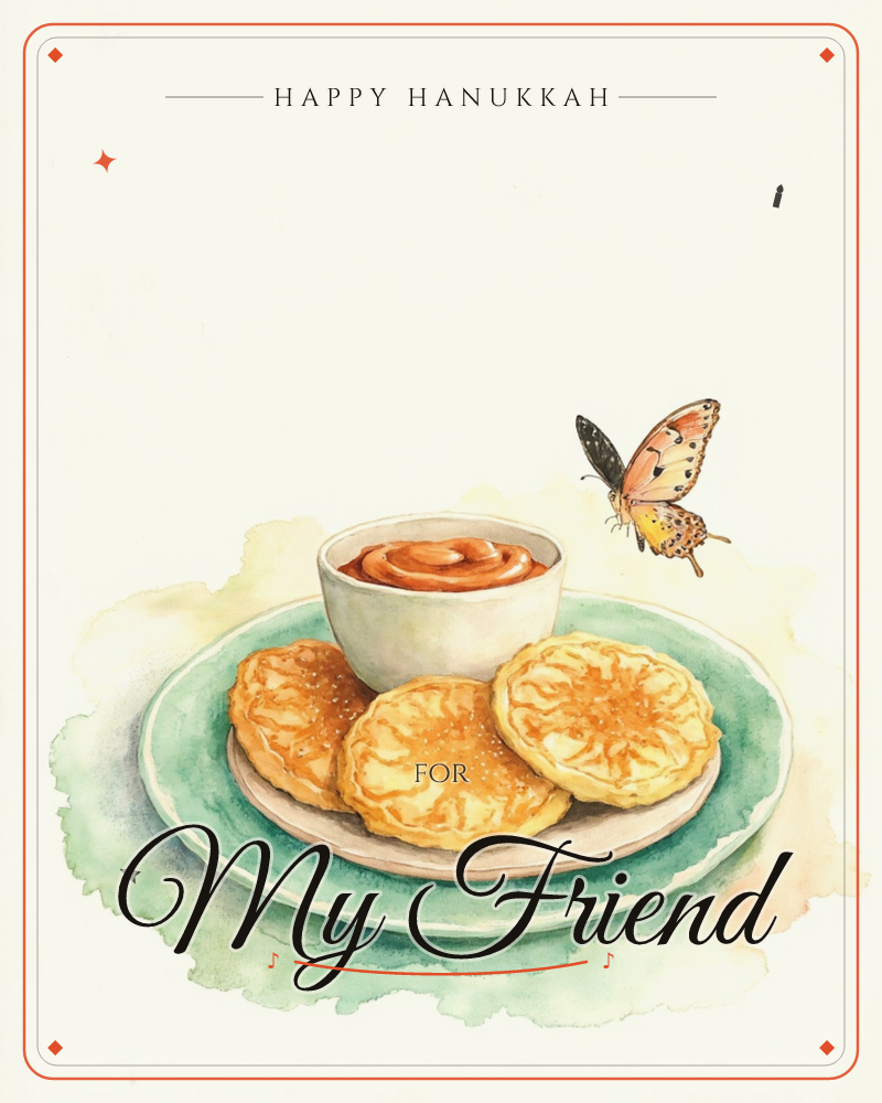 A soft watercolour still life shows a stack of golden pancakes on a teal-rimmed plate beside a small bowl of caramel-orange sauce, with a spotted…, a hanukkah e-card design