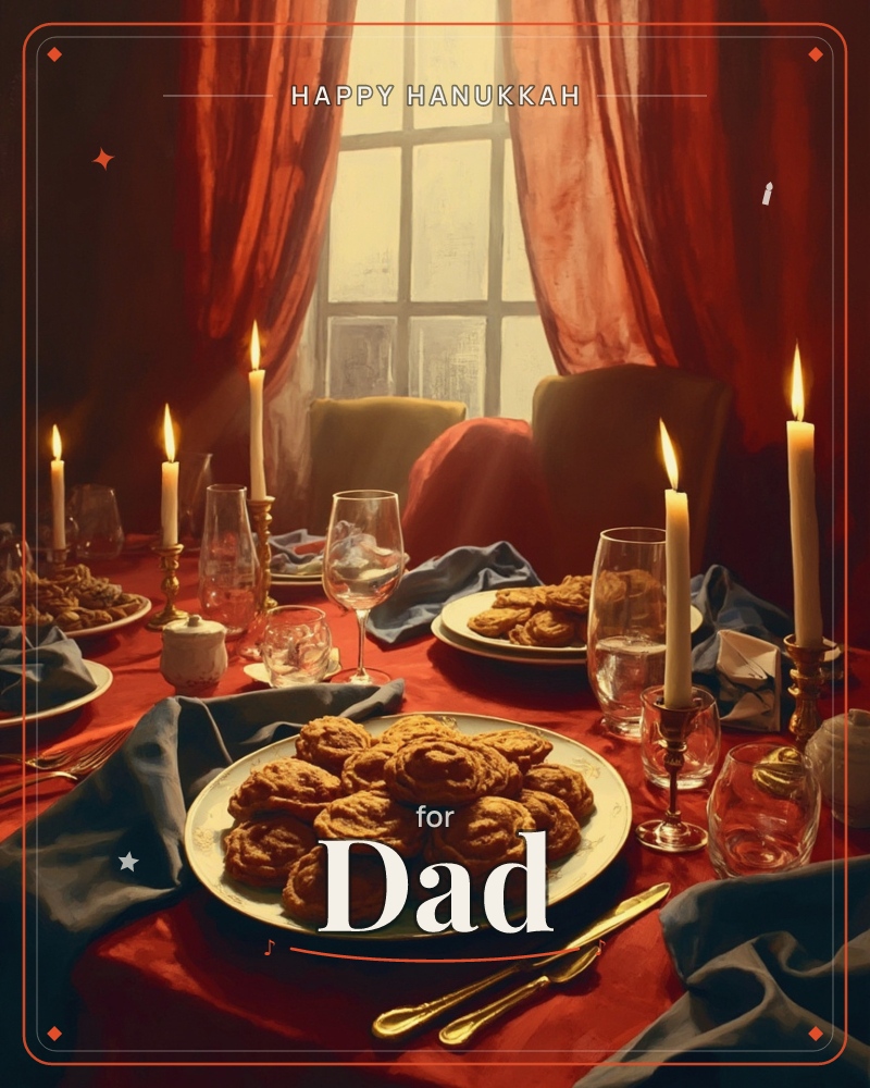 A candlelit dining table draped in deep red cloth holds plates piled with swirled pastries, flanked by wine glasses and gold cutlery, a hanukkah e-card design