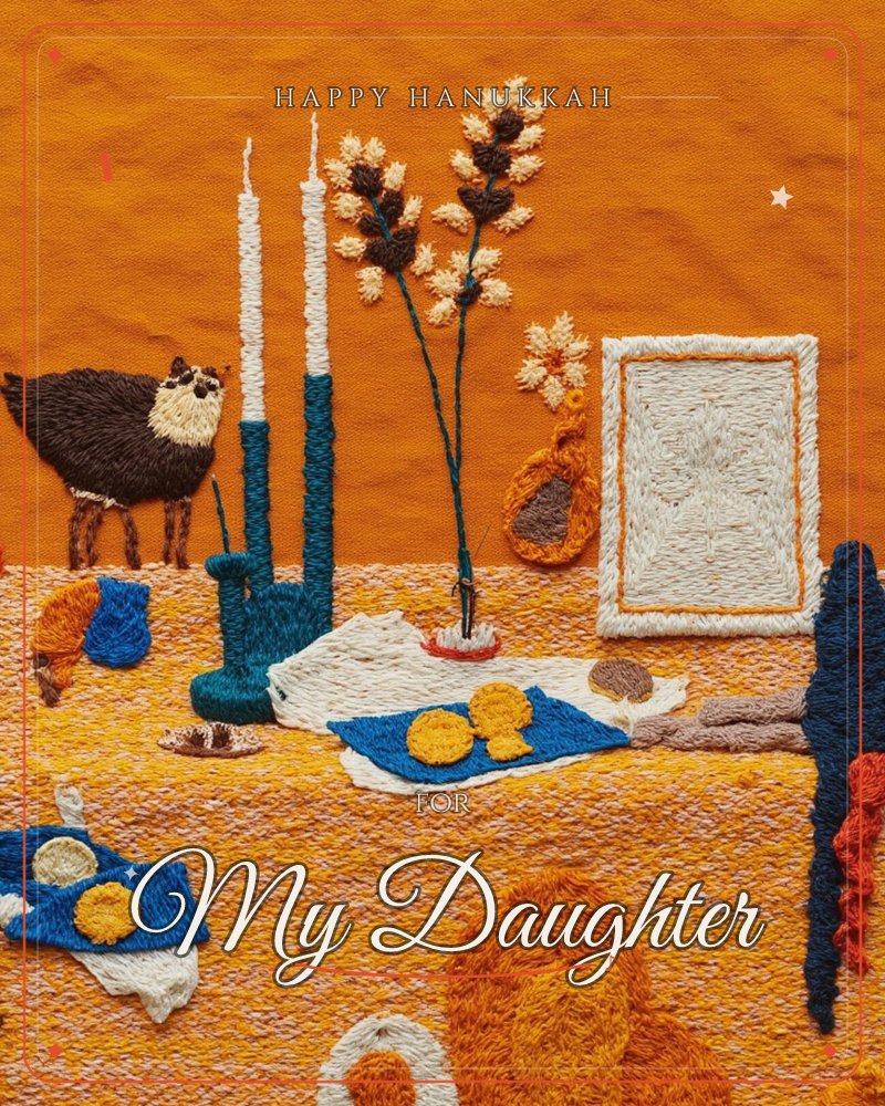 An embroidered still life on golden fabric shows a woolly sheep beside a pair of tall candlesticks, dried seed-head stems, and a blank framed picture…, a hanukkah e-card design