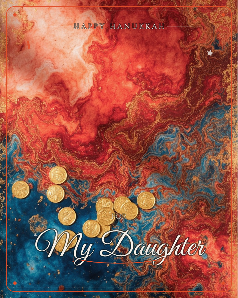 An abstract marbled swirl of fiery red and deep blue pigment bleeds together with veins of shimmering gold running through it, a hanukkah e-card design