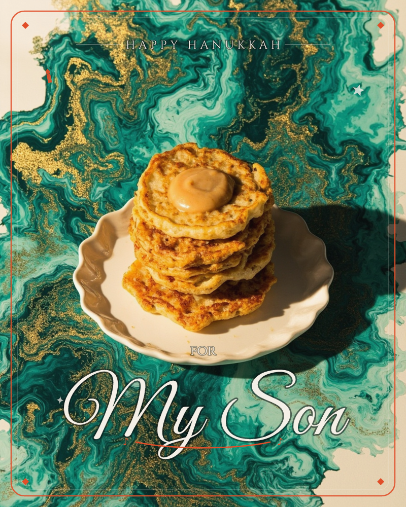 A tidy stack of golden pancakes sits on a scalloped white plate, topped with a swirl of caramel-toned sauce catching the light, a hanukkah e-card design