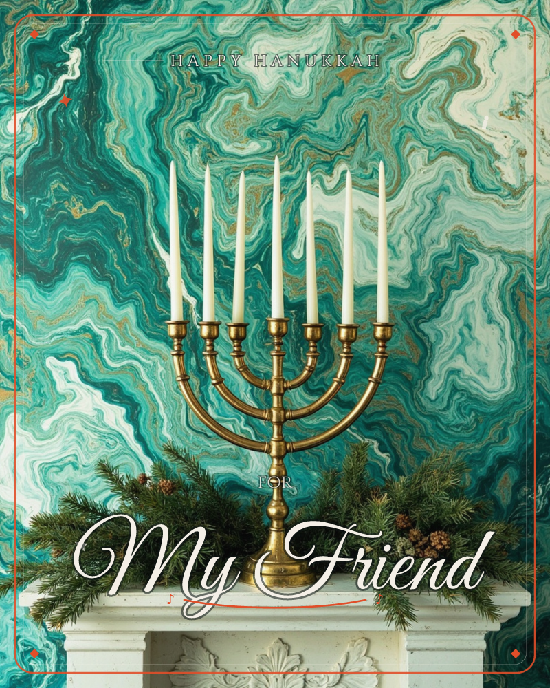 A brass seven-branched candelabra holds tall unlit white candles atop a white mantel, framed by sprigs of pine and small pinecones, a hanukkah e-card design