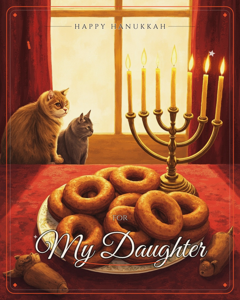 A brass menorah with lit candles stands beside a plate piled high with sugared donuts on a deep red tablecloth, while a ginger cat and a grey cat perch…, a hanukkah e-card design