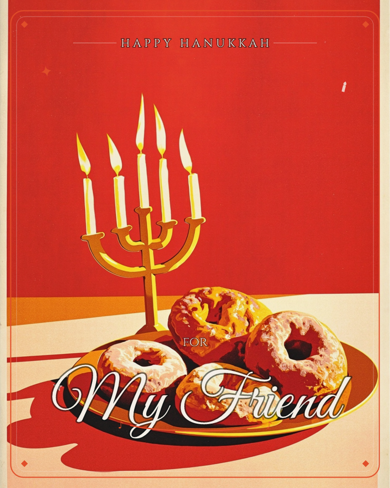 A gold menorah with five lit candles stands behind a plate piled with sugared and glazed sofganiyot, set against a bold flat red background, a hanukkah e-card design