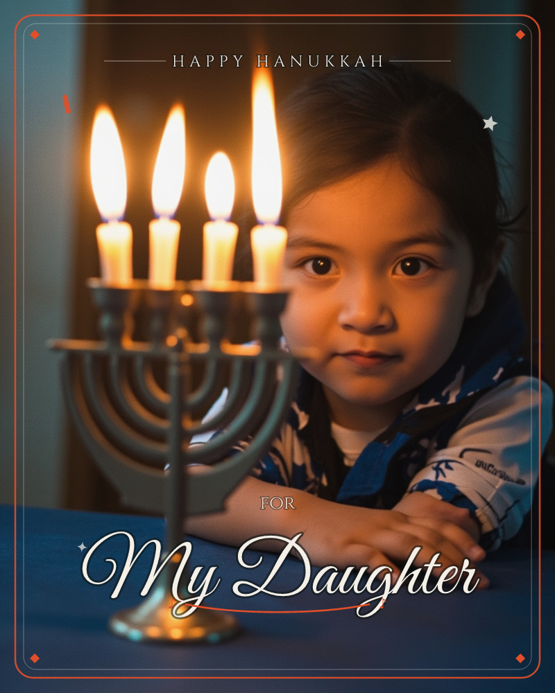 A child rests on a table beside a menorah, four candles lit and glowing warmly against the dark room, a hanukkah e-card design