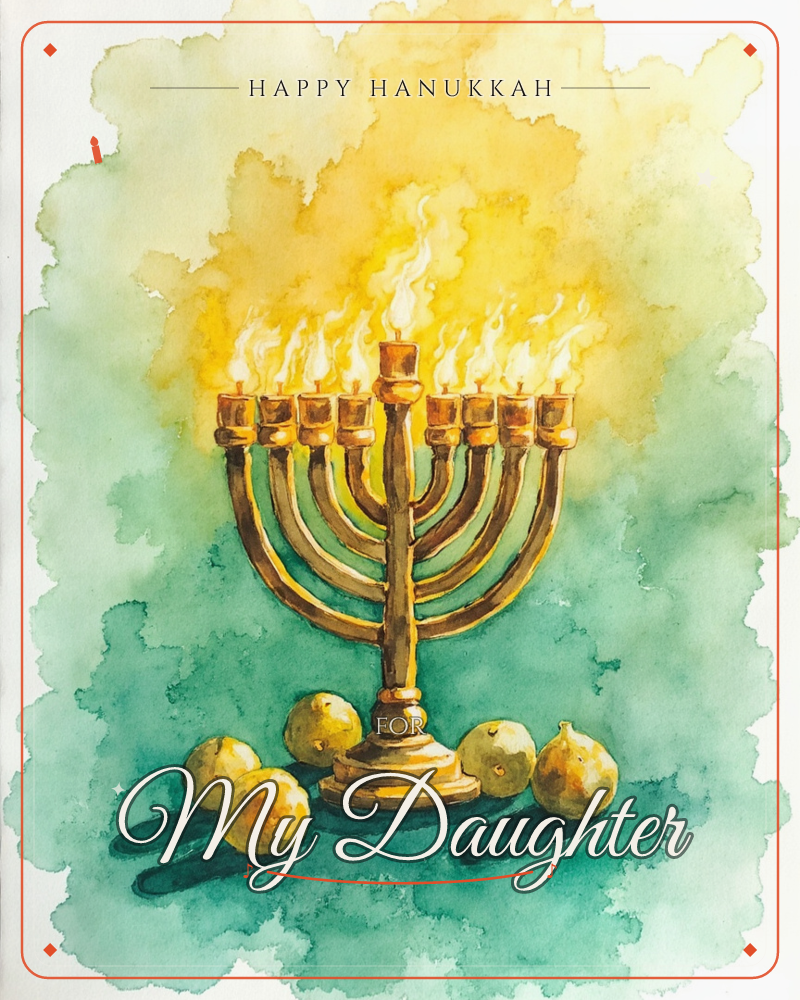A golden menorah stands lit with all nine flames blazing against a soft wash of teal and warm yellow, a hanukkah e-card design