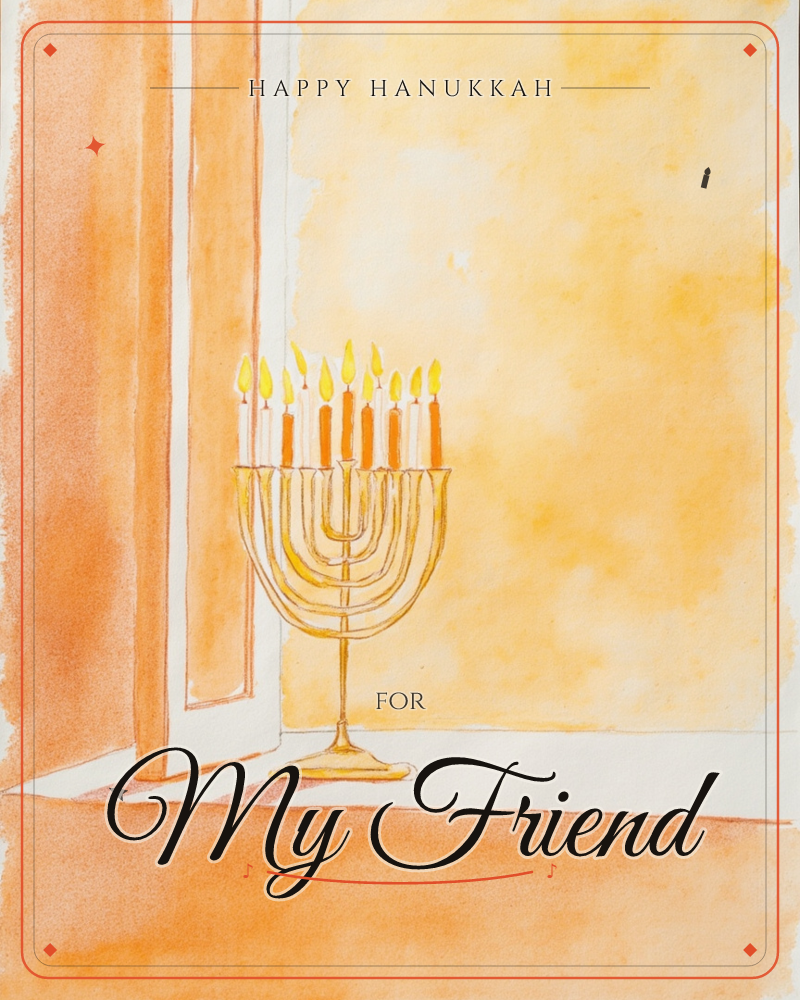 A gold menorah stands on a windowsill with all its candles lit, glowing against a warm wash of amber and orange, a hanukkah e-card design