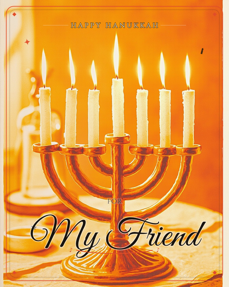A seven-branched brass menorah holds cream candles, all lit and glowing against a warm orange background, a hanukkah e-card design