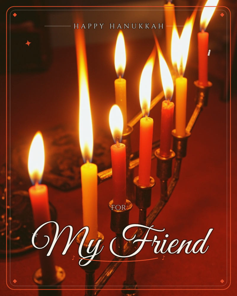 A metal menorah holds a row of lit candles in orange, yellow, and red, their flames glowing brightly against a deep red, shadowy background, a hanukkah e-card design