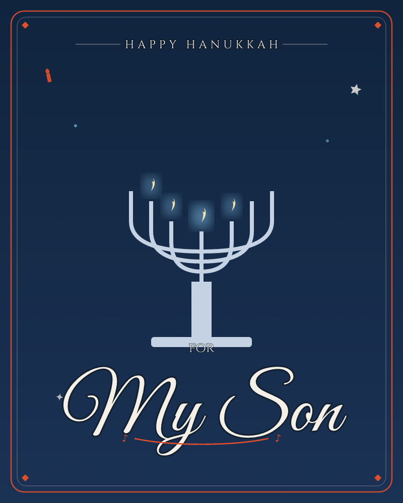 A pale menorah stands against a deep midnight-blue night sky dotted with a couple of faint stars, a hanukkah e-card design by @DittyCityTeam