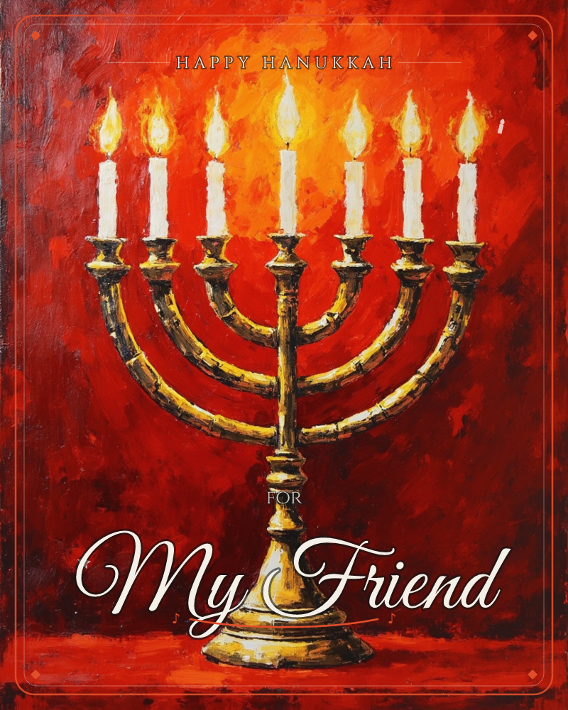 A gold seven-branched menorah stands against a richly textured red background, each of its seven candles lit with a glowing white-yellow flame, a hanukkah e-card design