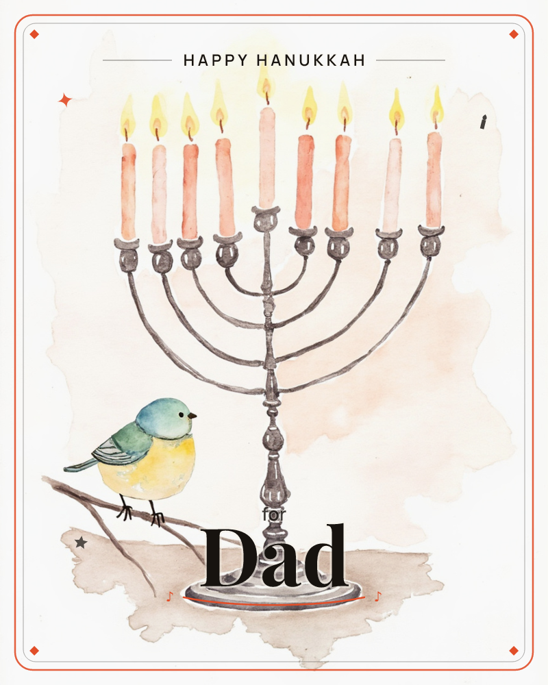 A watercolour menorah stands with all nine candles lit, their soft flames glowing against a warm, hazy background wash, a hanukkah e-card design