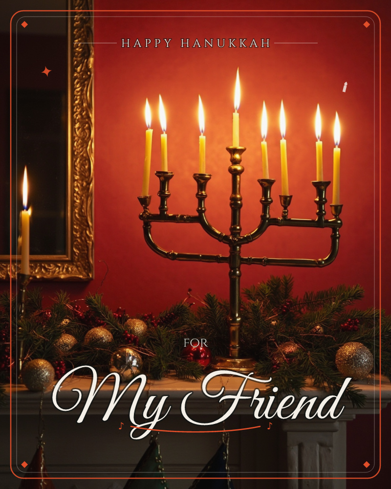 A brass nine-branched candelabra glows with lit taper candles atop a mantelpiece draped in pine branches, red berries, and shimmering baubles, a hanukkah e-card design