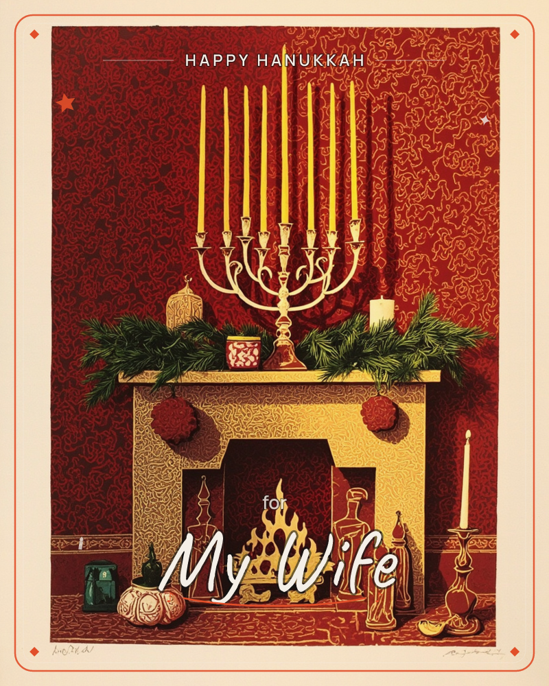 A stylized print of a mantelpiece glowing against a richly patterned red wall, with a tall gold menorah of lit taper candles standing beside sprigs of…, a hanukkah e-card design